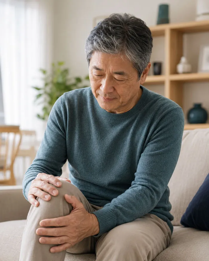 Older man holding his knee in discomfort while sitting at home